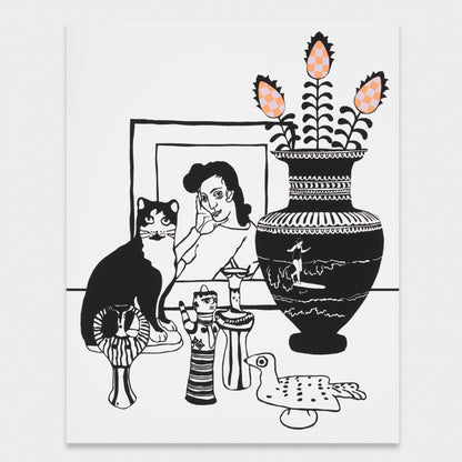 Stacey Beach • Still Life with Chalkware Cat and Neel's 'Portrait of a Dark Haired Woman'