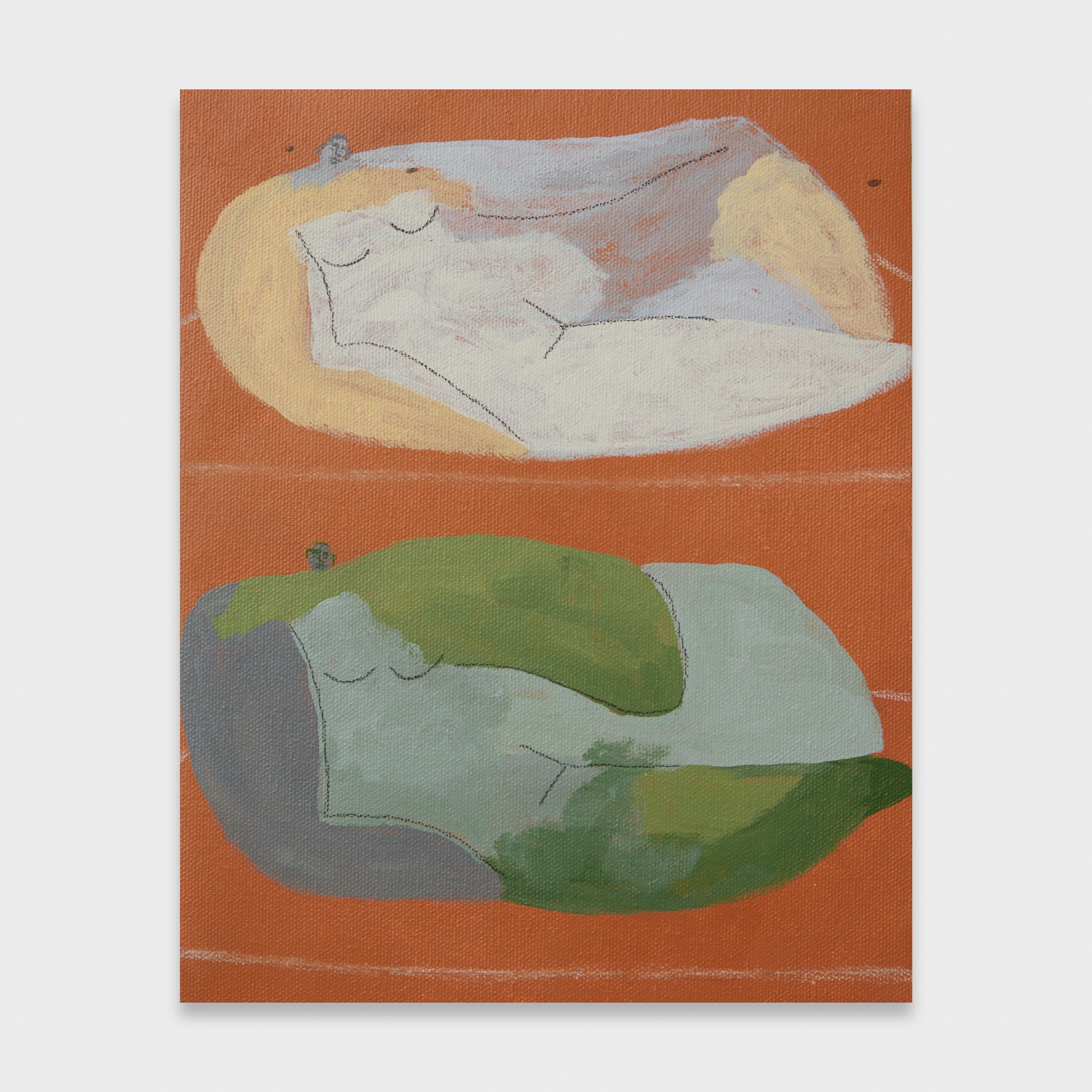 Two abstractly depicted women lying down on an orange background